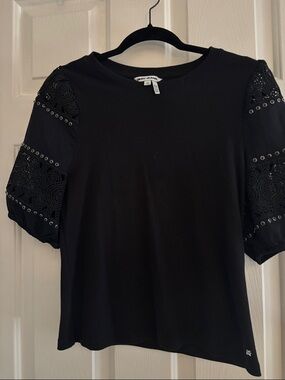 DKNY Black Knit Top with Eyelet Puff Sleeves